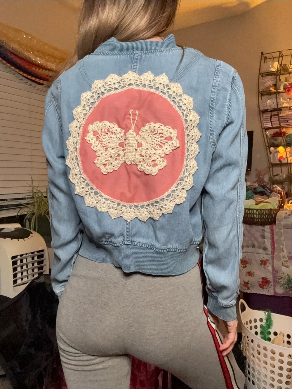 EKA Upcycled Anthropologie Denim Bomber Jacket with Pink Crochet Butterfly